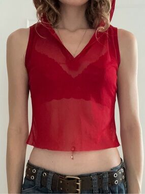 Sans Souci Red Sheer V-Neck Hooded Crop Top